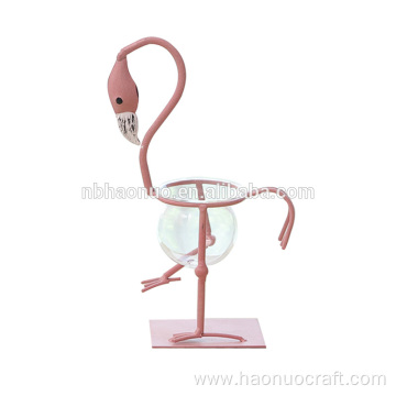 Maceta de cristal de flamenco rosa de metal para decoración de mesa